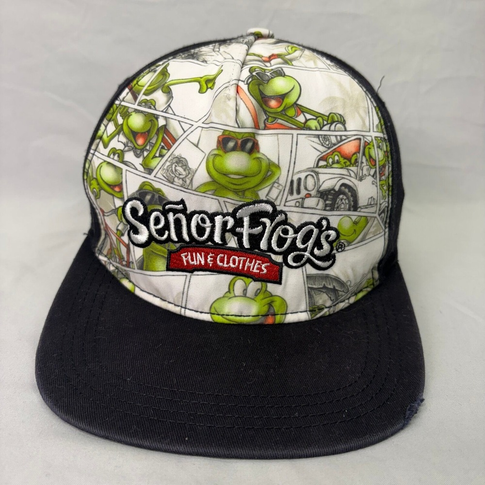 Senor Frogs Hat Mazatlan Mexico Comic Print Mens OSFM Black Distressed Cap
